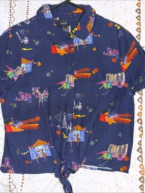 Disney Navy Blue Short-Sleeve Button Front Top with Multicolor Print